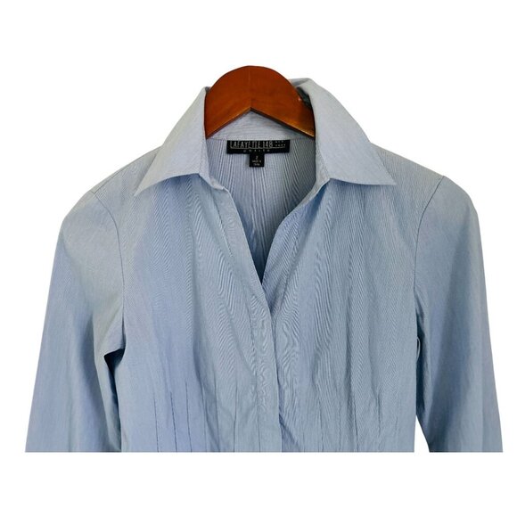 Lafayette 148 New York Petite Blue Pinstripe Collared Button-Front Blouse Size 2 - Picture 3 of 8
